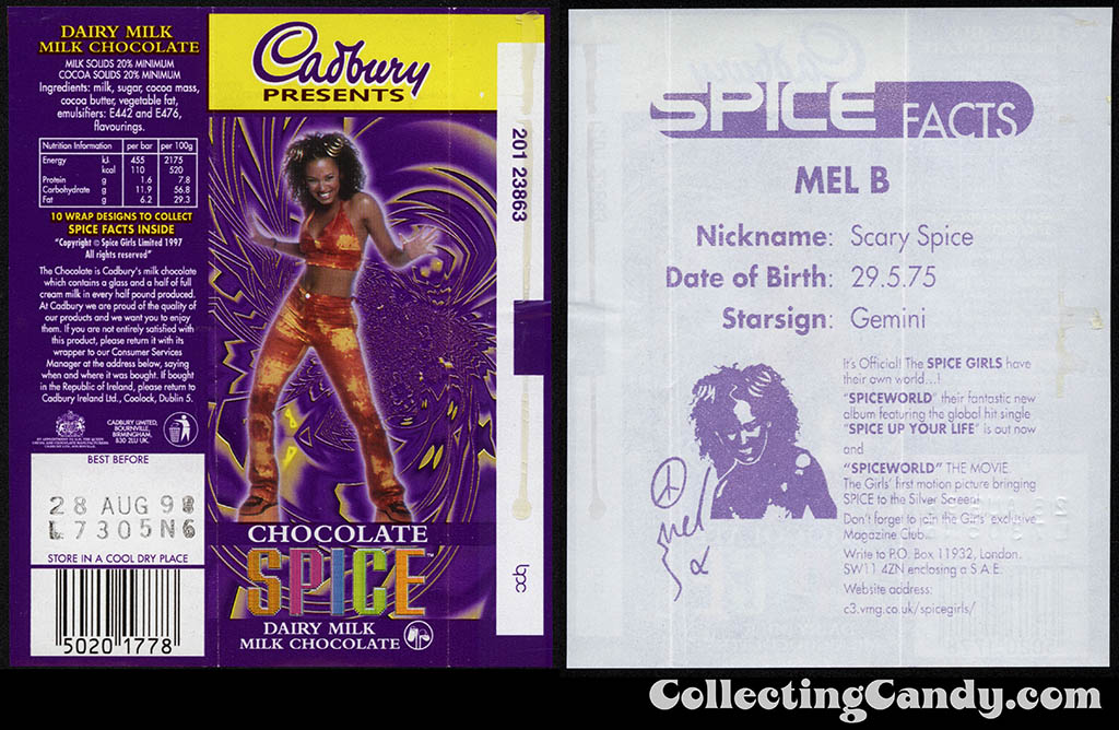 UK - Cadbury - Spice Girls - Mel B - Scary Spice - A - 21g chocolate bar candy wrapper - 1997