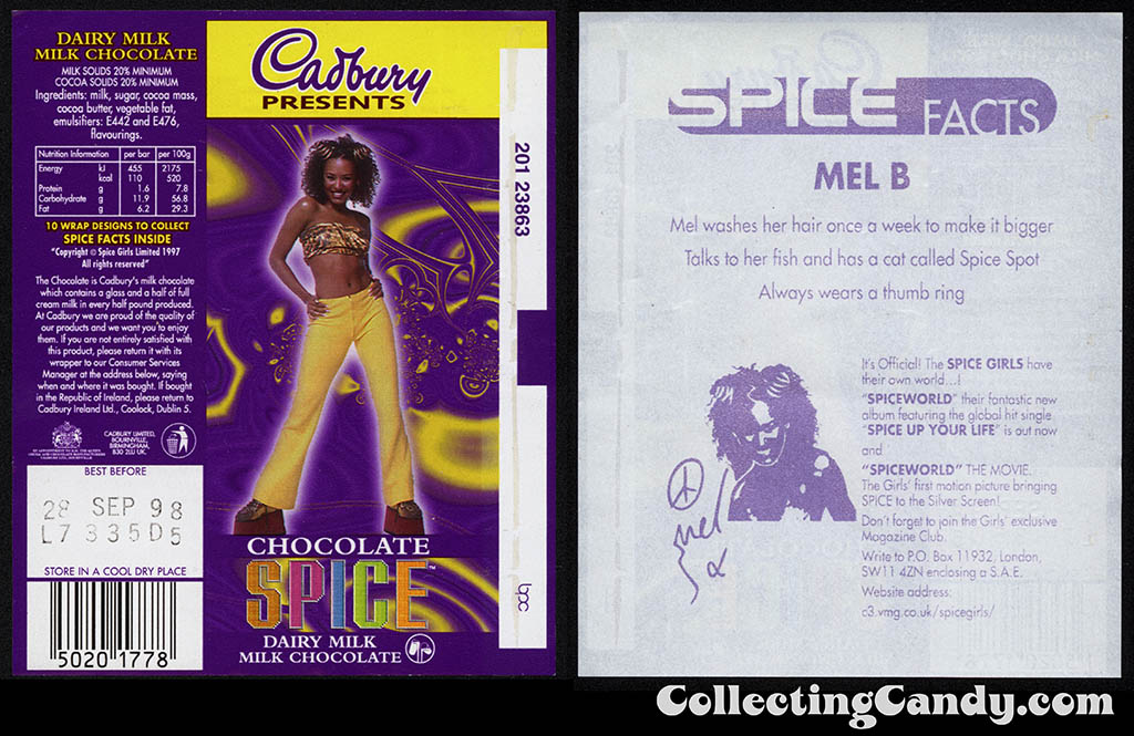 UK - Cadbury - Spice Girls - Mel B - Scary Spice - B - 21g chocolate bar candy wrapper - 1997