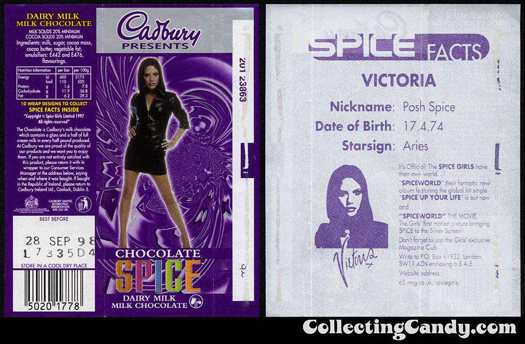 UK - Cadbury - Spice Girls - Victoria - Posh Spice - A - 21g chocolate bar candy wrapper - 1997