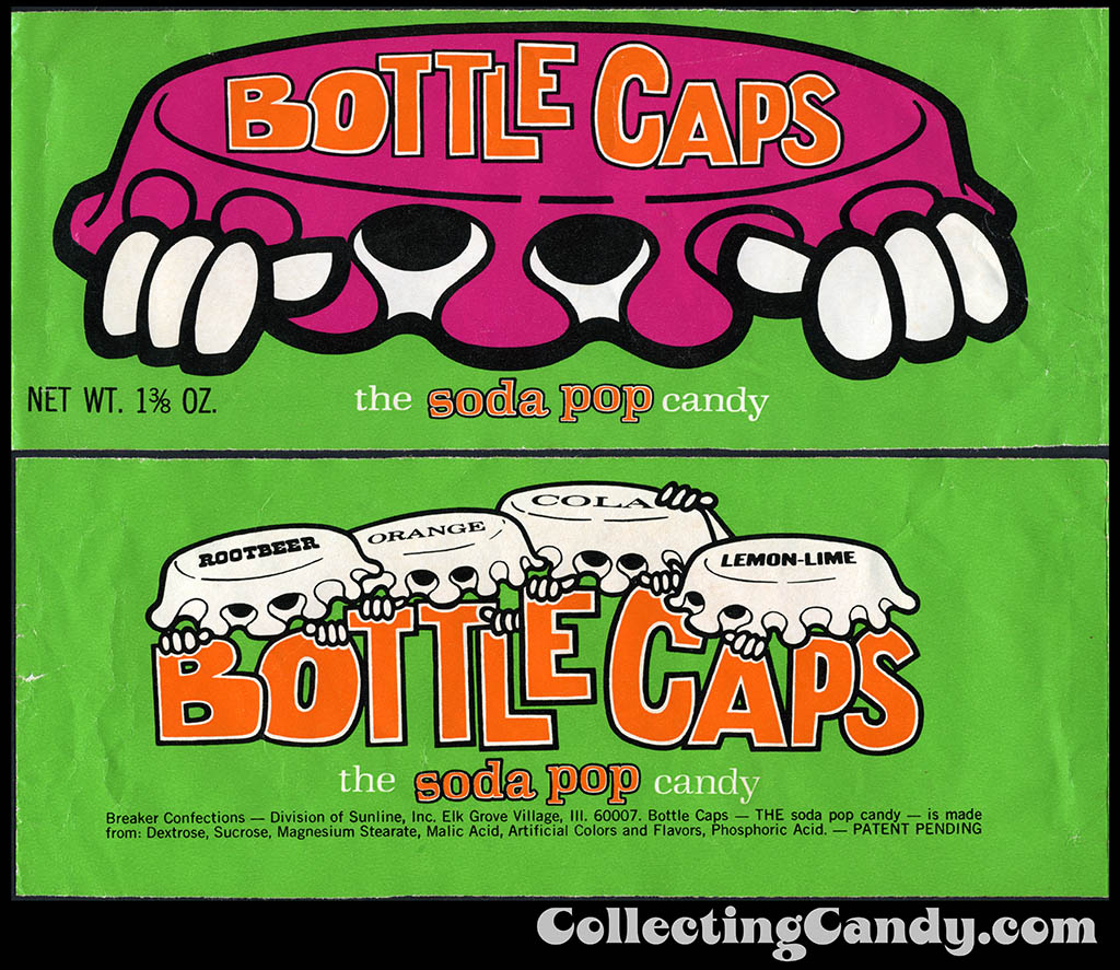Breaker Confections - Bottle Caps - 1 3_8 oz candy wrapper package - early 1970's