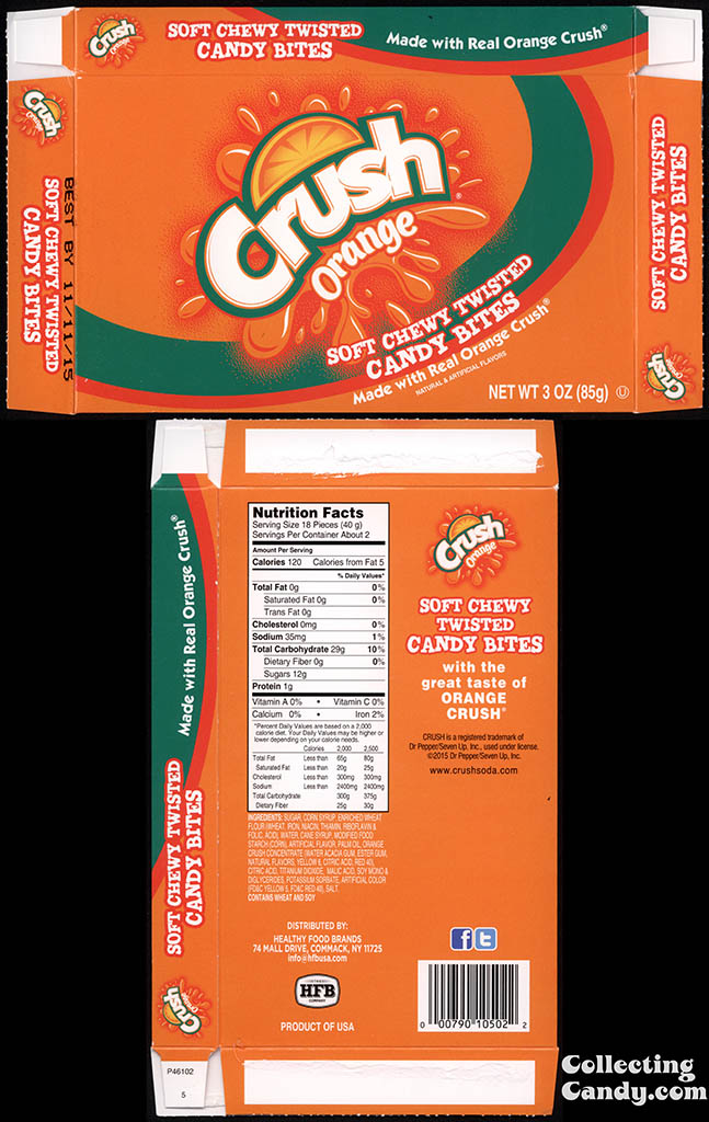 Healthy Food Brands - Crush Orange - soft chewy twisted candy bites - 3oz candy box - December 2014