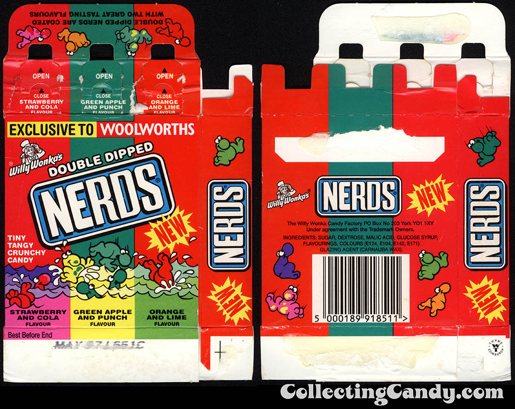 UK - Willy Wonka's - Nerds Double Dipped - Strawberry & Cola - Green Apple and Punch - Orange and Lime - Woolworths Exclusive candy box - 1996