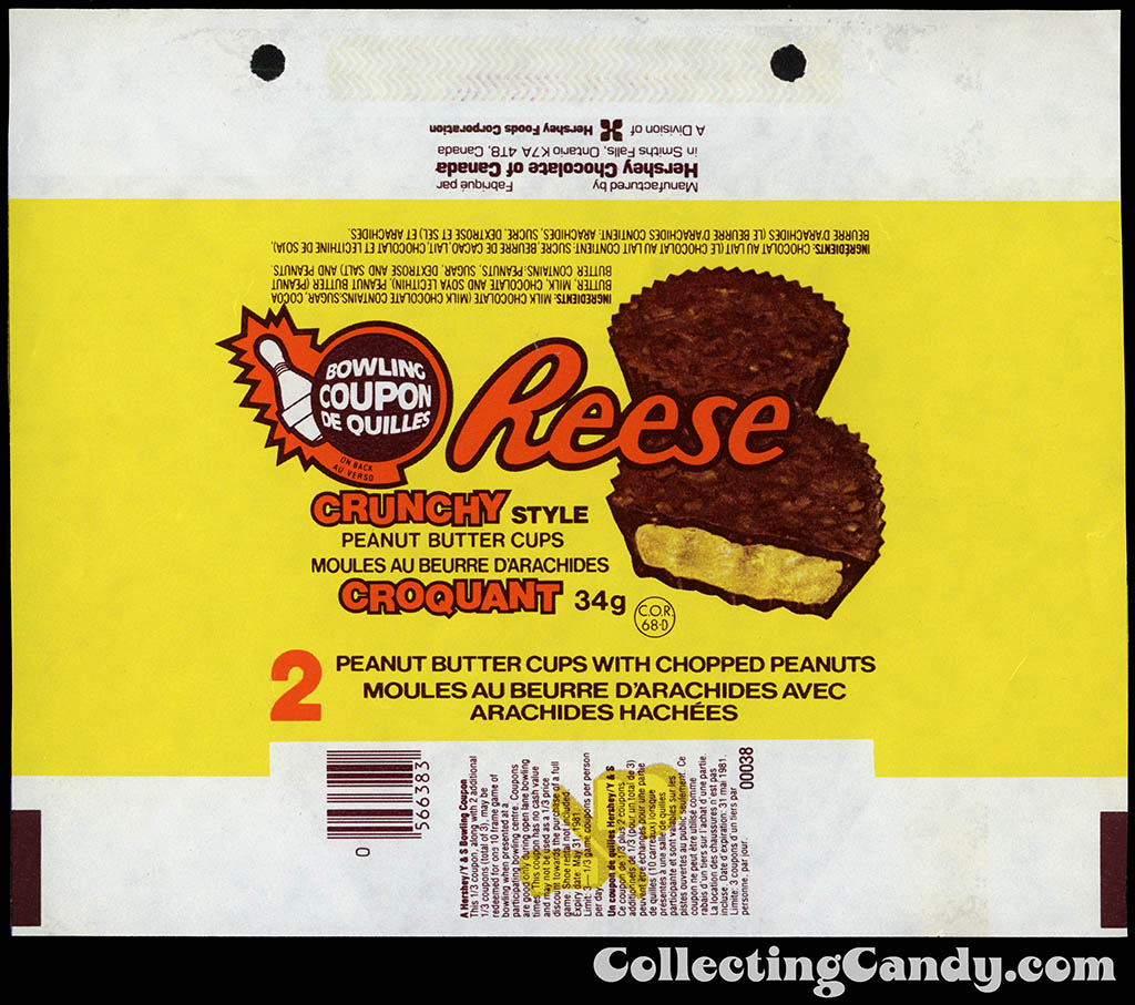 Canada - Hershey - Reese Crunchy - Bowling Coupon - 34g chocolate candy wrapper - 1981
