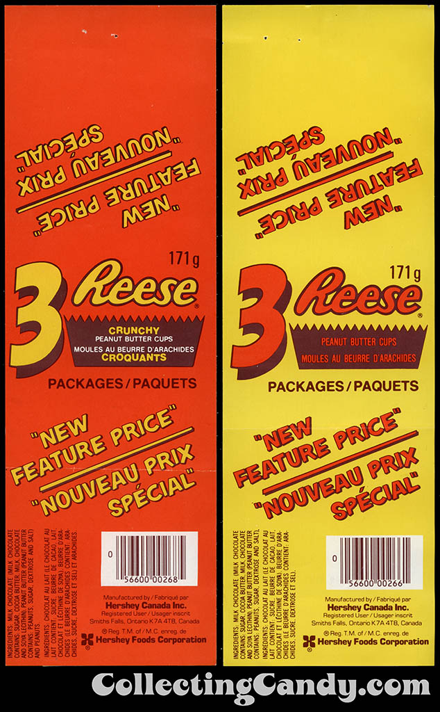 Canada - Hershey - Reese Crunchy and regular - 171g 3-cup chocolate candy wrappers - 1990