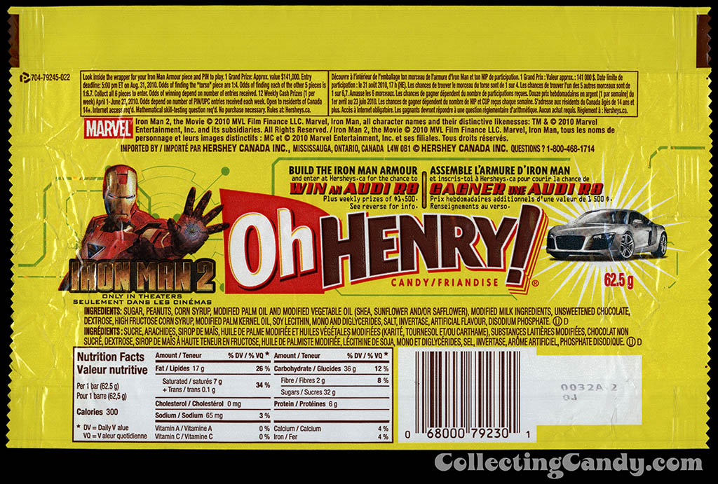 Canada - Hershey - Oh Henry! - Iron Man 2 Win an Audi contest - 62.5g candy bar wrapper - 2010