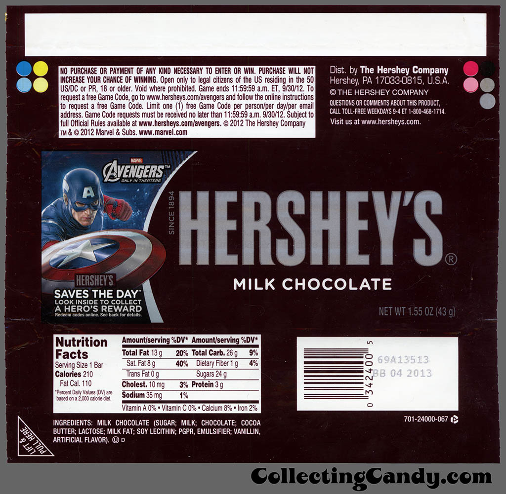 Hershey - Hershey's Milk Chocolate - Marvel Avengers Saves the Day - Captain America - 1.55 oz candy bar wrapper - May 2012