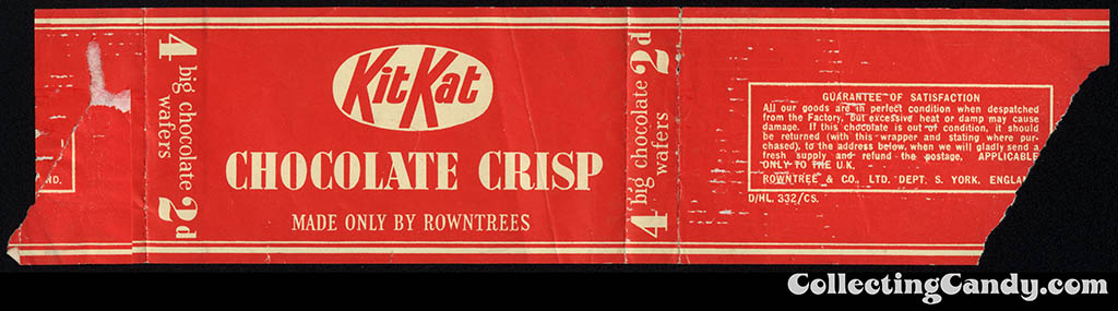 UK - Rowntrees Kit Kat Chocolate Crisp - 2d chocolate candy wrapper - 1937