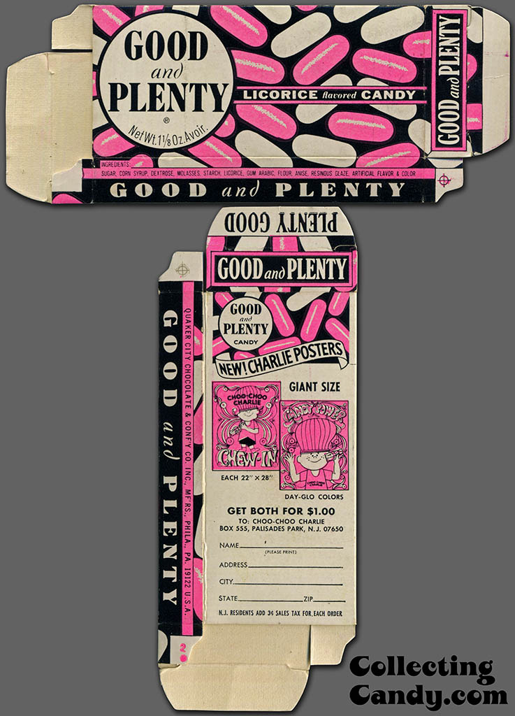 Quaker City Chocolate & Confectionery Company - Good and Plenty licorice flavored candy - day-glo Charlie posters offer - 1 1/8 oz candy box - late 1960's