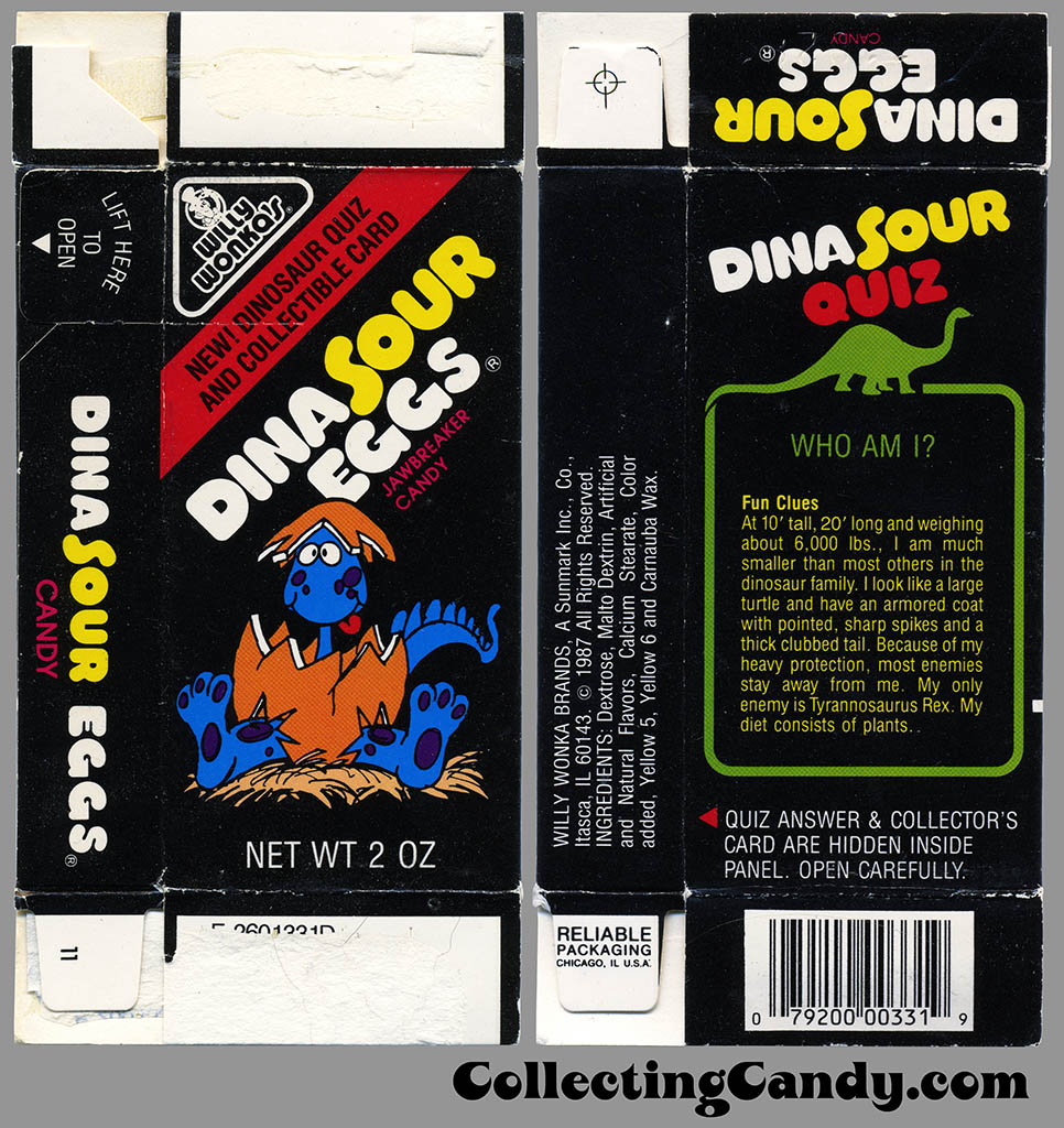 Sunmark - Willy Wonka Brands - Dina Sour Eggs - New Dinosaur Quiz and Collectible Card - 2 oz candy box - 1987