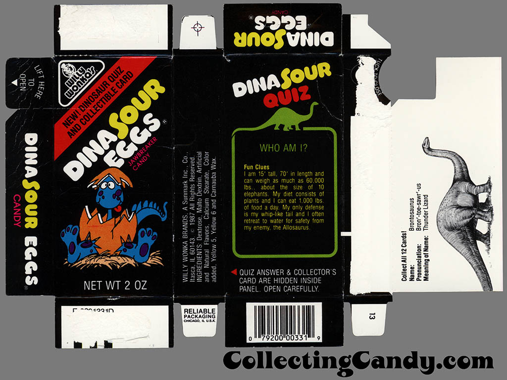 Sunmark - Willy Wonka Brands - Dina Sour Eggs - New Dinosaur Quiz and Collectible Card - Brontosaurus - 2 oz candy box - 1987