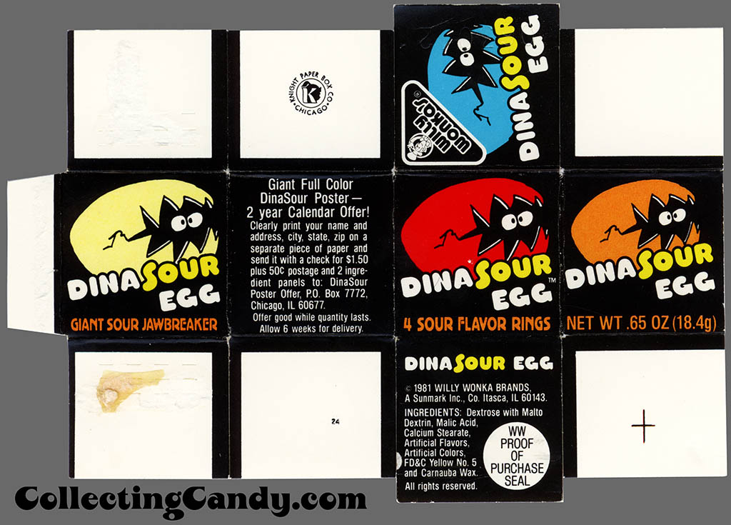 Sunmark - Willy Wonka Brands - DinaSour Egg - giant sour jawbreaker - giant poster calendar offer - _65 oz candy box - 1981