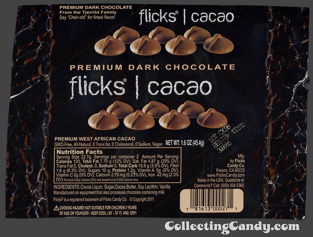Flicks Candy Company - Tjerrild - Flicks Cacao - premium dark chocolate wafers - 1_6 oz foil candy wrapper - 2014