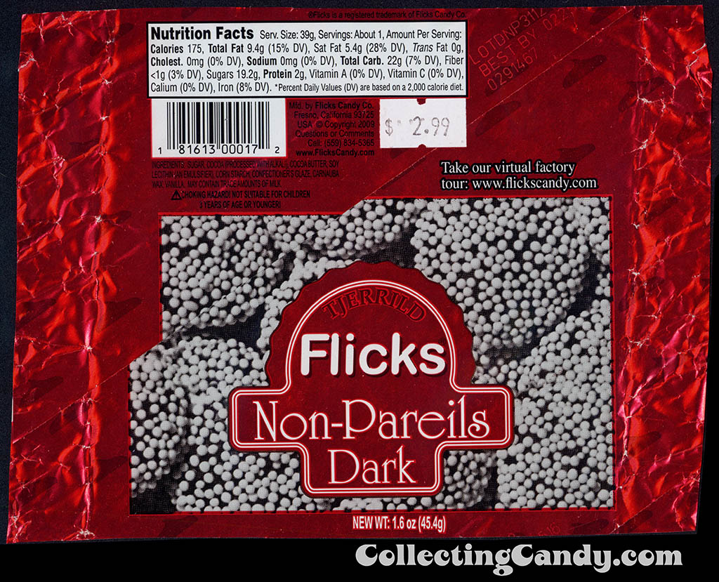 Flicks Candy Company - Tjerrild - Flicks Non-Pareils Dark - chocolate wafers - red - 1.6 oz foil candy wrapper - 2014