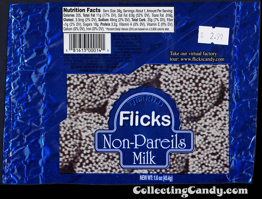 Flicks Candy Company - Tjerrild - Flicks Non-Pareils Milk - chocolate wafers - blue - 1.6 oz foil candy wrapper - 2014
