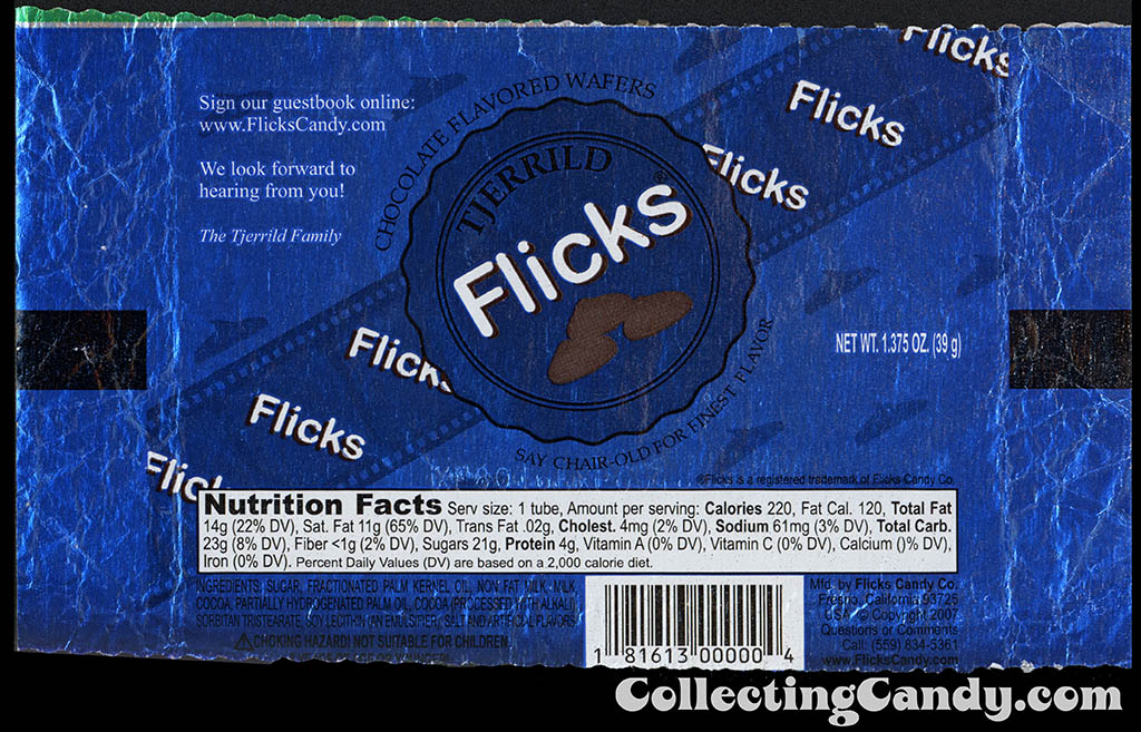 Flicks Candy Company - Tjerrild - Flicks - chocolate flavored wafers - blue - 1.375 oz foil candy wrapper - 2009