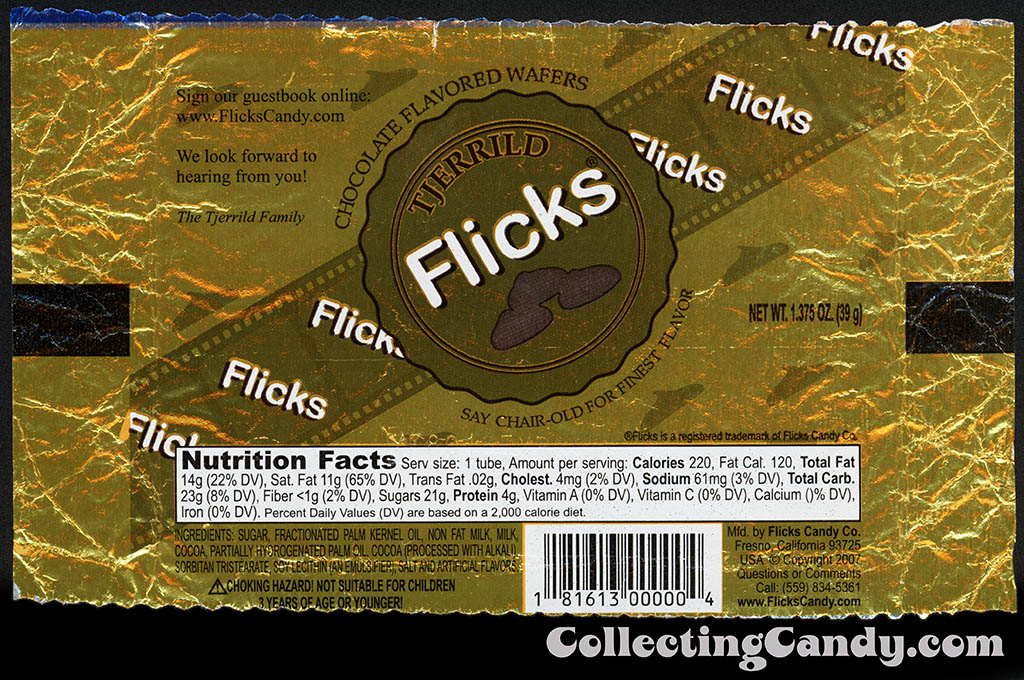 Flicks Candy Company - Tjerrild - Flicks - chocolate flavored wafers - gold - 1.375 oz foil candy wrapper - 2009