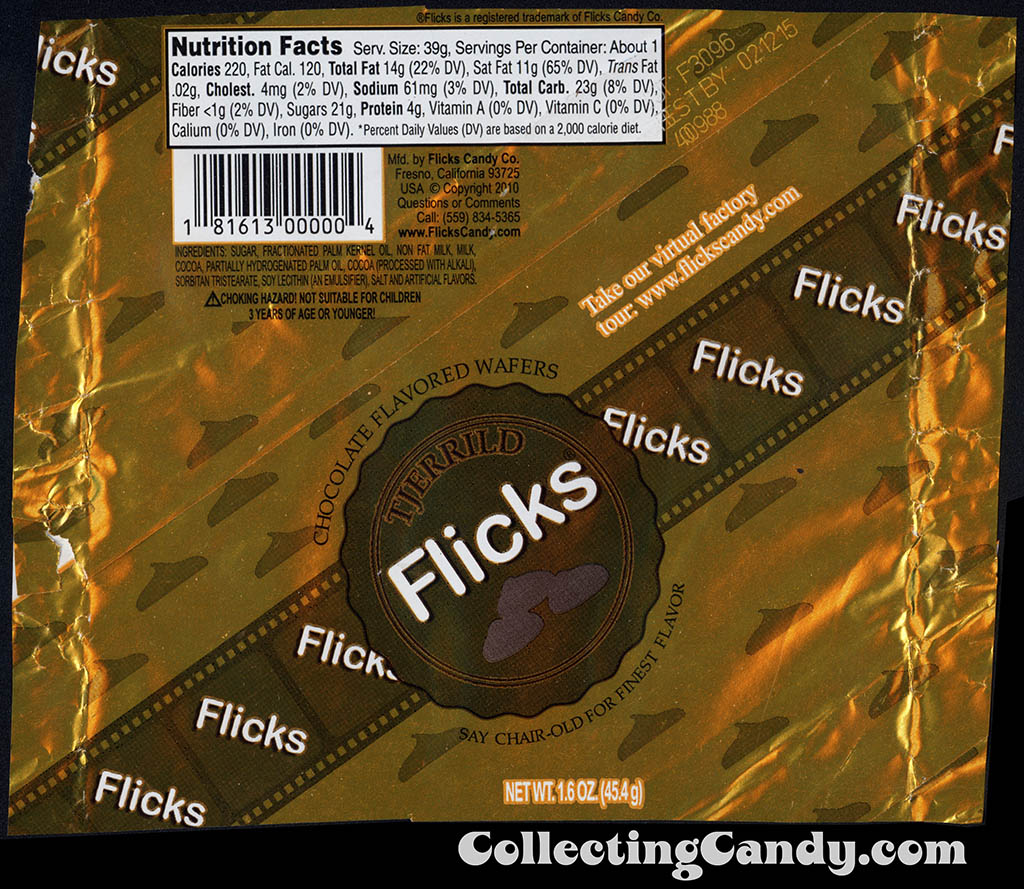 Flicks Candy Company - Tjerrild - Flicks - chocolate flavored wafers - gold - 1.6 oz foil candy wrapper - 2014