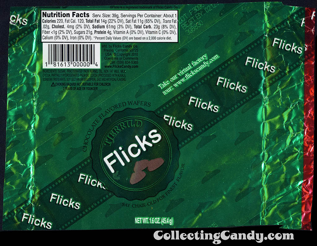 Flicks Candy Company - Tjerrild - Flicks - chocolate flavored wafers - green - 1.6 oz foil candy wrapper - 2014