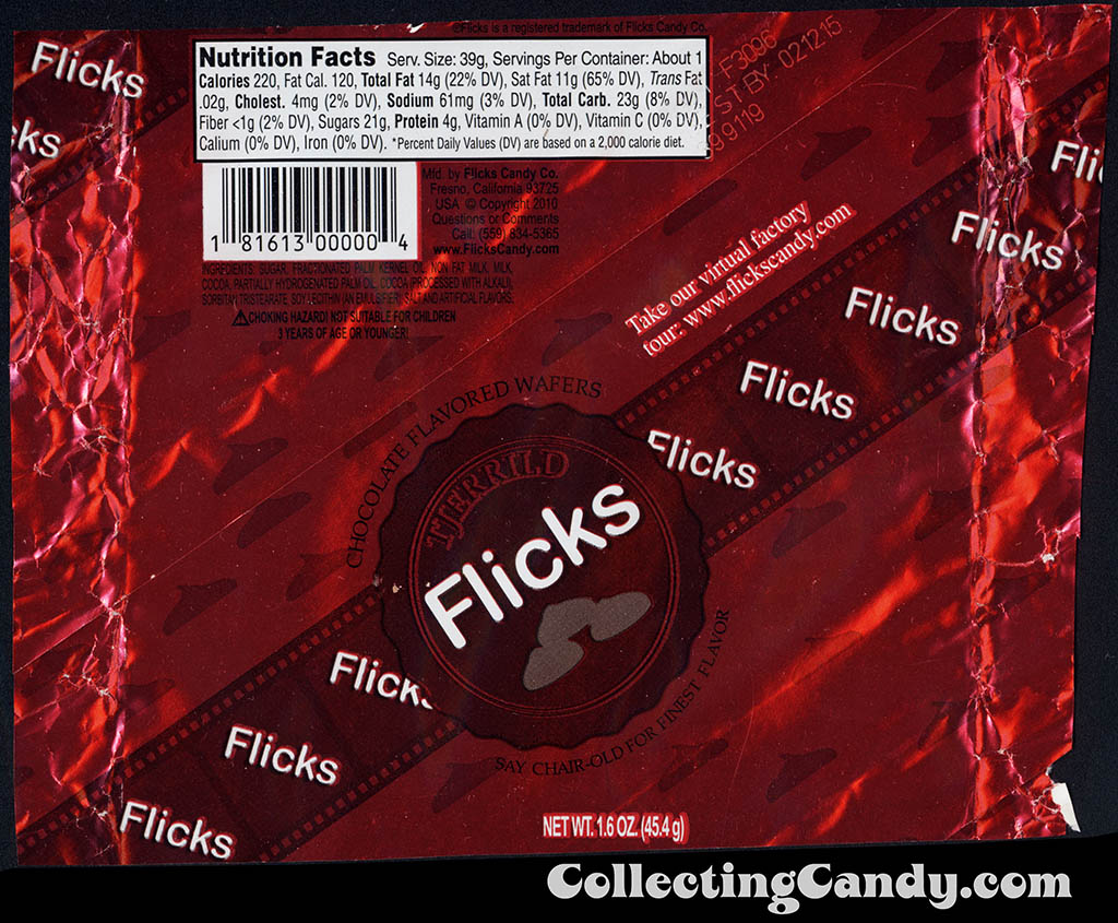 Flicks Candy Company - Tjerrild - Flicks - chocolate flavored wafers - red - 1.6 oz foil candy wrapper - 2014