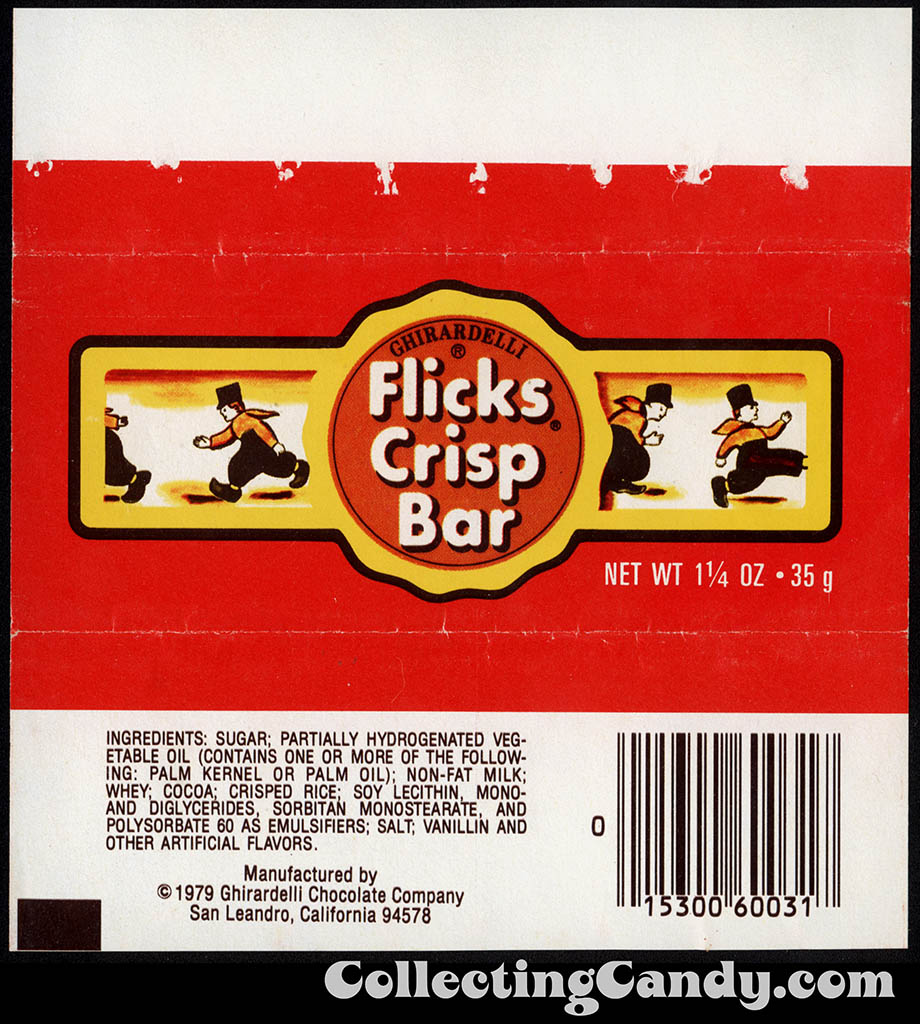 Ghirardelli - Flicks Crisp Bar - 1 1/4 oz chocolate candy bar wrapper - 1980