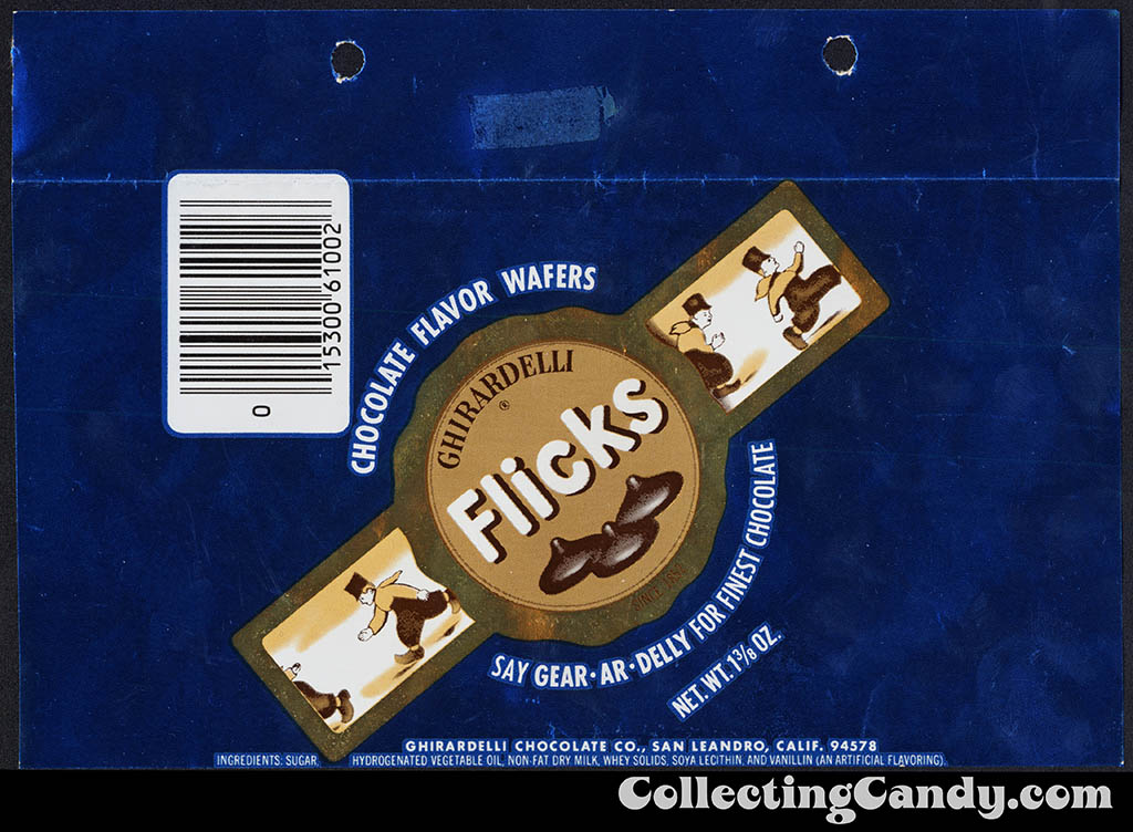 Ghirardelli - Flicks - chocolate flavor wafers - blue - 1 3/8 oz foil candy wrapper - 1975