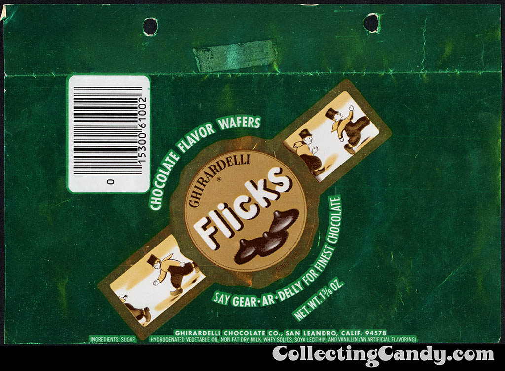 Ghirardelli - Flicks - chocolate flavor wafers - green - 1 3/8 oz foil candy wrapper - 1975