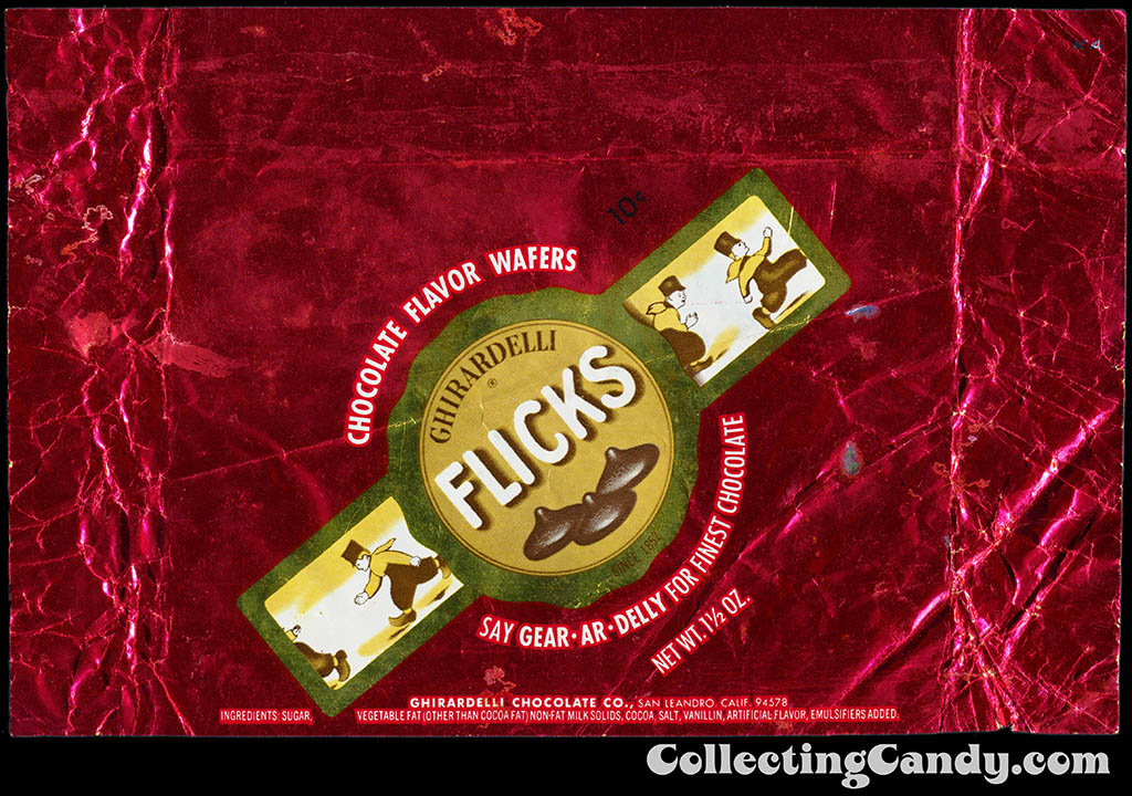 Ghirardelli - Flicks - chocolate flavor wafers - red - 10-cent foil candy wrapper - late 1960's early 1970's