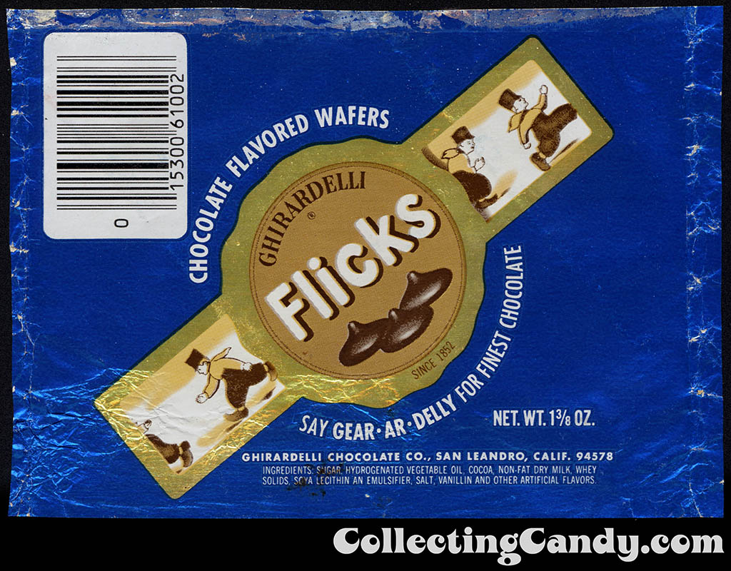 Ghirardelli - Flicks - chocolate flavored wafers - blue - 1 3/8 oz foil candy wrapper - 1976