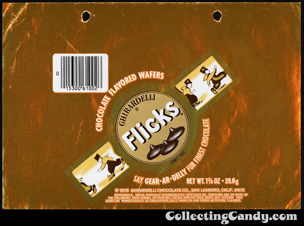 Ghirardelli - Flicks - chocolate flavored wafers - gold - 1 3/8 oz foil candy wrapper - 1980