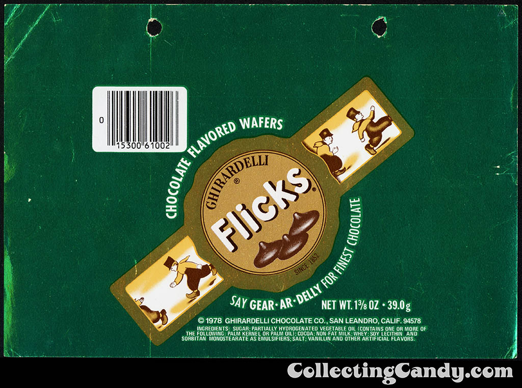 Ghirardelli - Flicks - chocolate flavored wafers - green - 1 3/8 oz foil candy wrapper - 1980