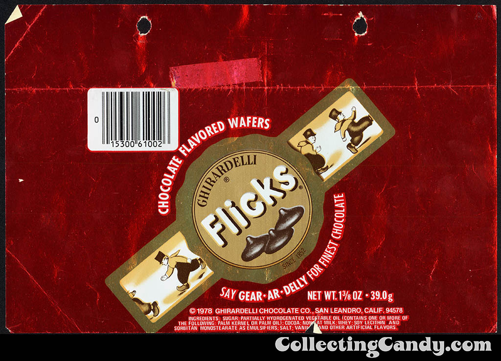Ghirardelli - Flicks - chocolate flavored wafers - red - 1 3/8 oz foil candy wrapper - 1980