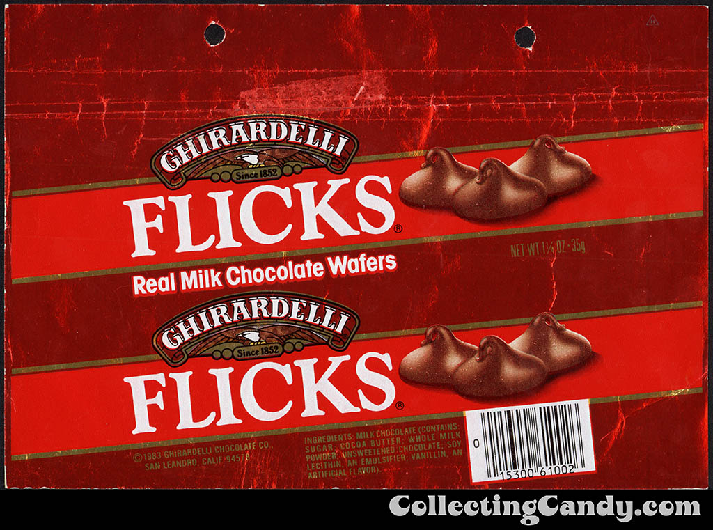 Ghirardelli - Flicks - milk chocolate wafers - red - 1 1/4 oz foil candy wrapper - mid-1980's