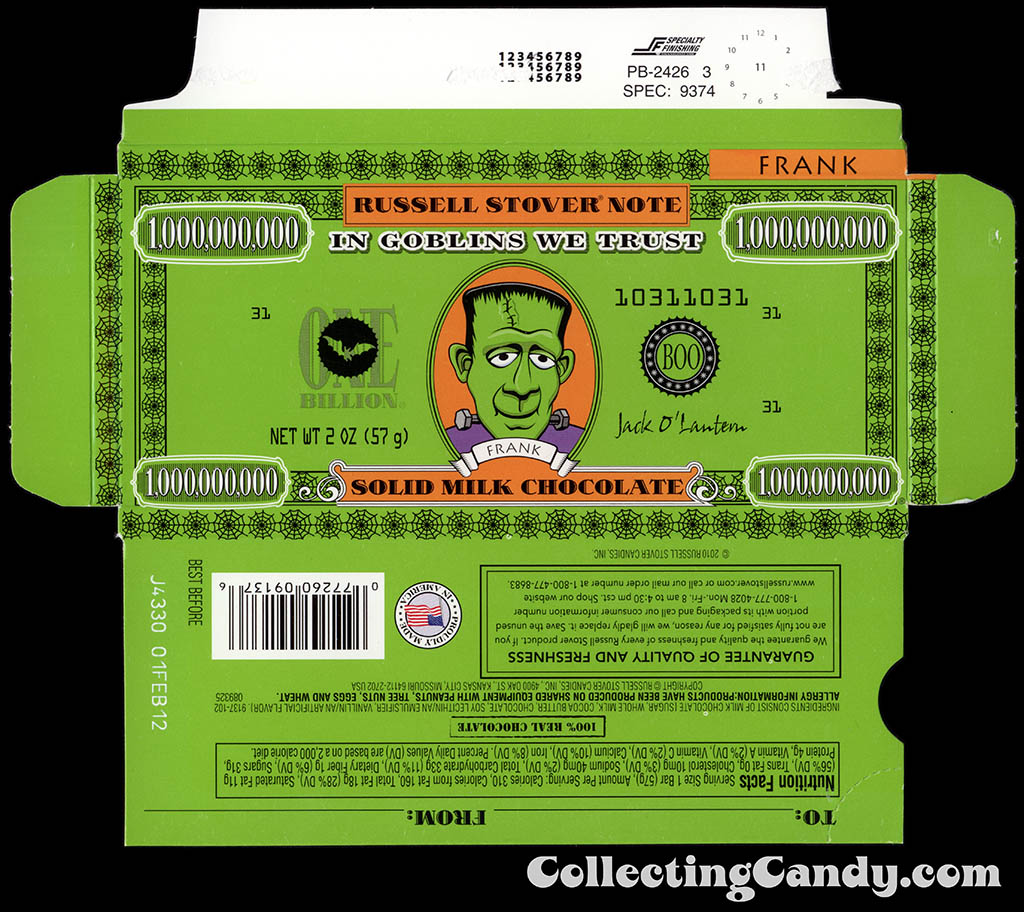 Russell Stover - Halloween Billion Dollar Note - Frankenstein - 2 oz chocolate bar box - October 2011