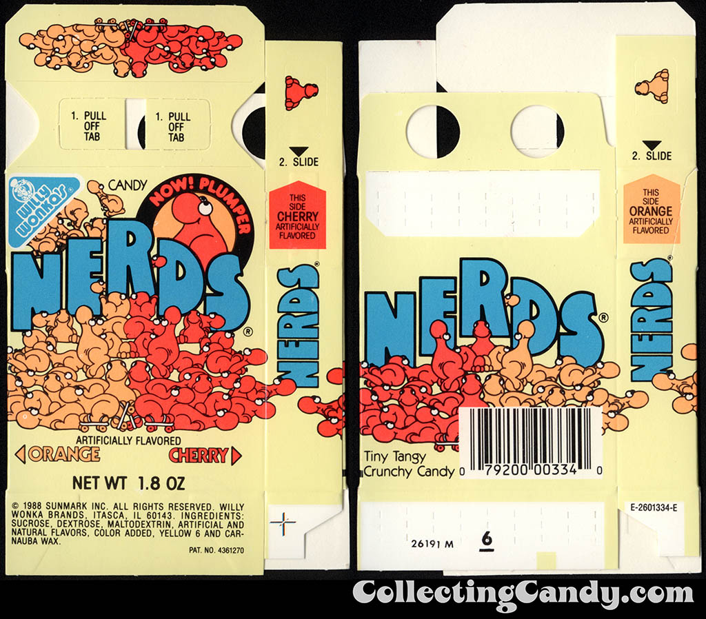 Sunmark - Willy Wonka Brands - Nerds - Orange & Cherry - Now Plumper - 1.8 oz candy box - 1988