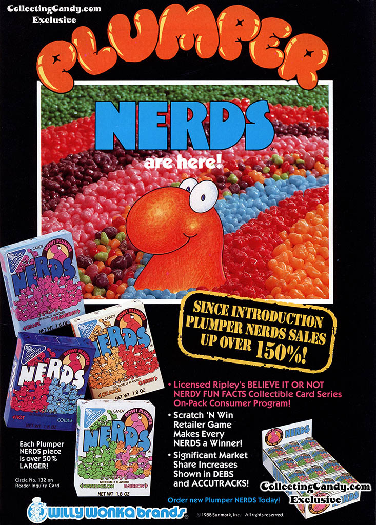 Willy Wonka Brands - Plumper Nerds - exclusive Nerds Hot and Cool - candy trade magazine ad - Jan-Feb 1989