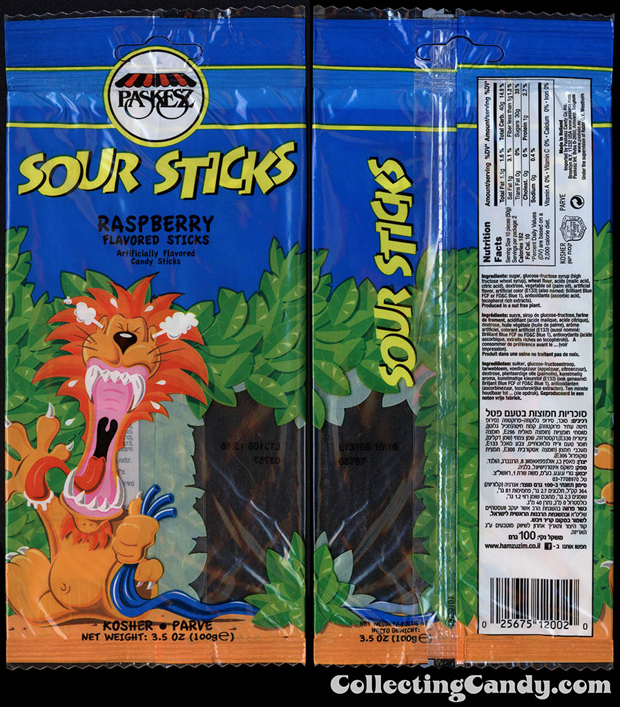 Paskesz - Sour Sticks Raspberry - 3.5oz Kosher candy package - 2014