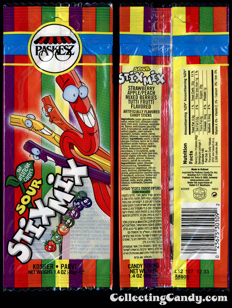 Paskesz - Sour Stix Mix - 1.4 oz Kosher candy package - 2014