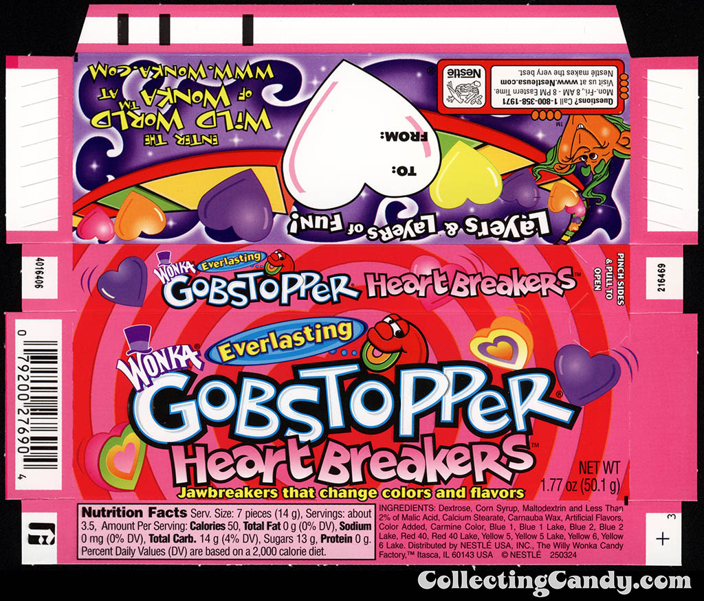 Nestle - Wonka - Everlasting Gobstopper Heartbreakers - 1.77oz Valentine's candy box - 1999-early 2000's