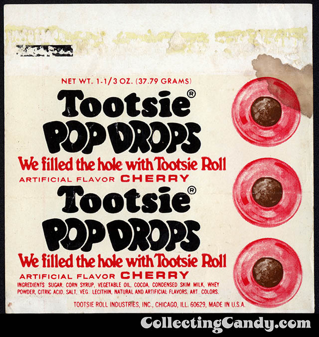 Tootsie Pop Drops - Cherry - 1 1/3oz roll candy wrapper - early 1970's