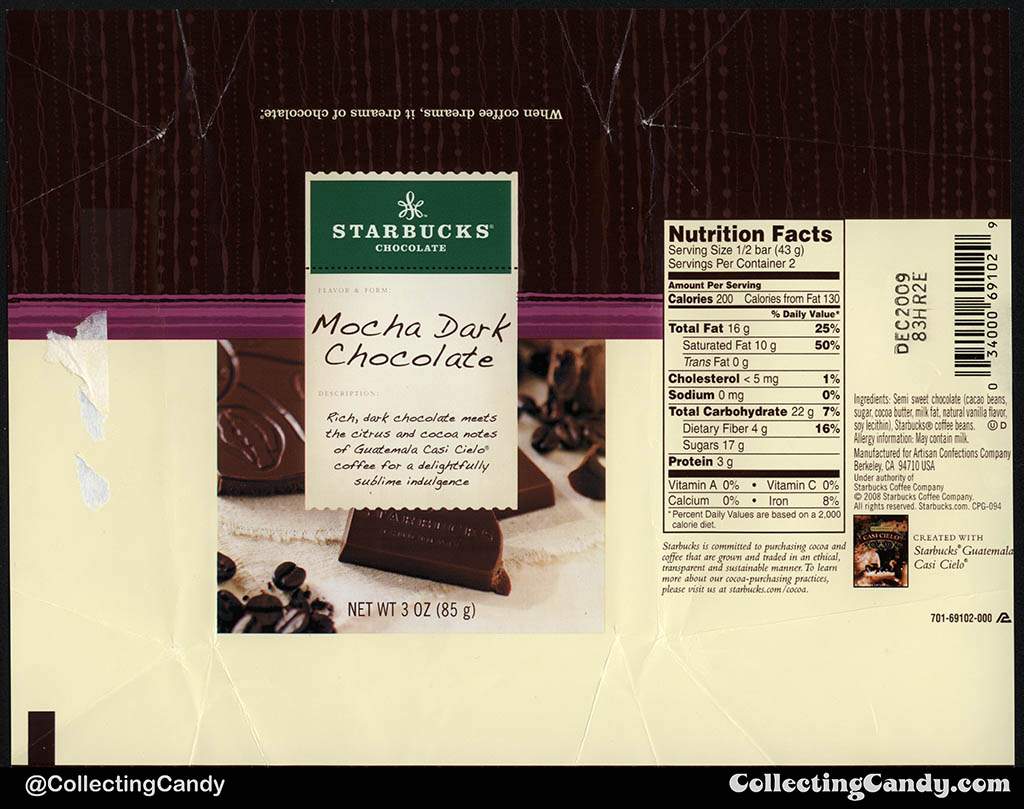 Starbucks Chocolate - Mocha Dark Chocolate - 3oz chocolate candy bar wrapper - 2008