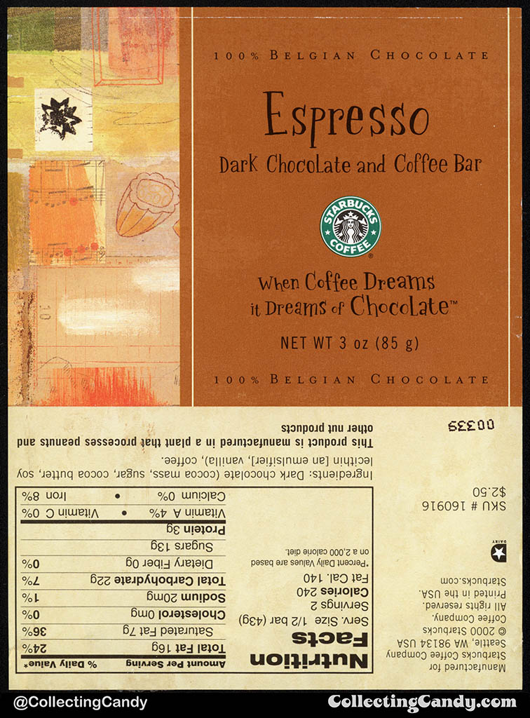 Starbucks Coffee Company - Espresso Dark Chocolate and Coffee Bar - 3oz chocolate candy bar wrapper - 2000