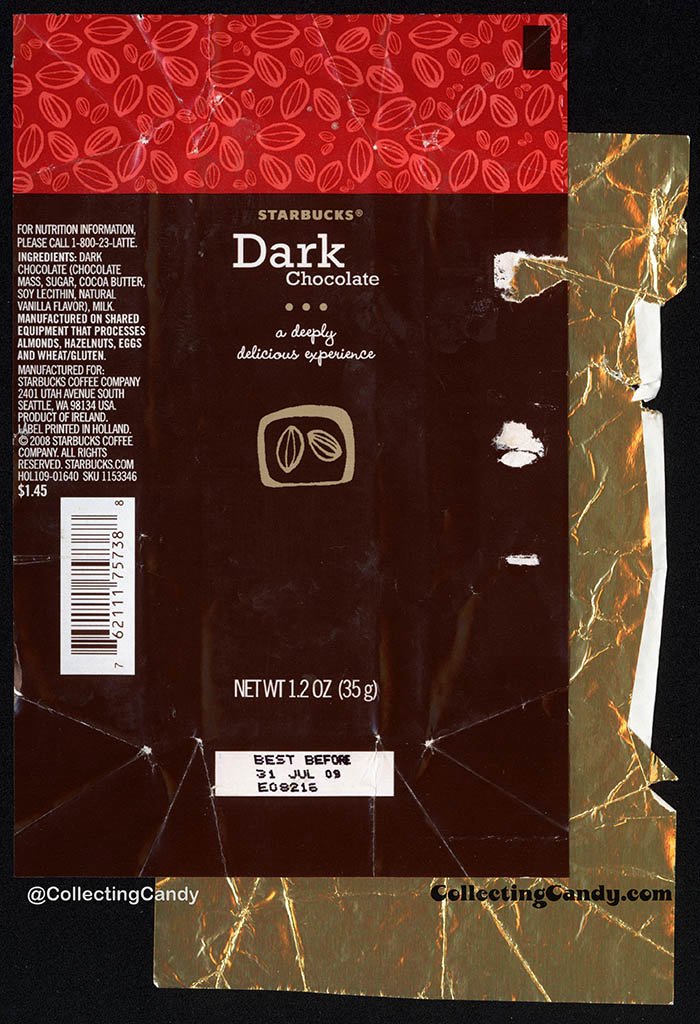 Starbucks - Dark Chocolate - 1.2 oz chocolate bar wrapper - 2008