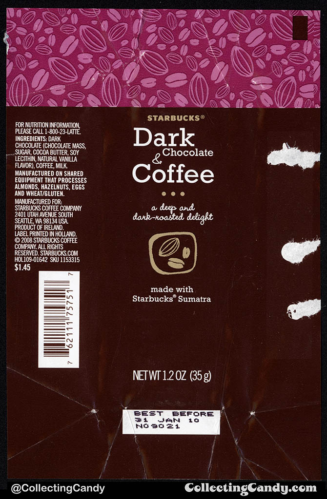 Starbucks - Dark Chocolate & Coffee - made with Starbucks Sumatra - 1.2 oz chocolate bar wrapper - 2008