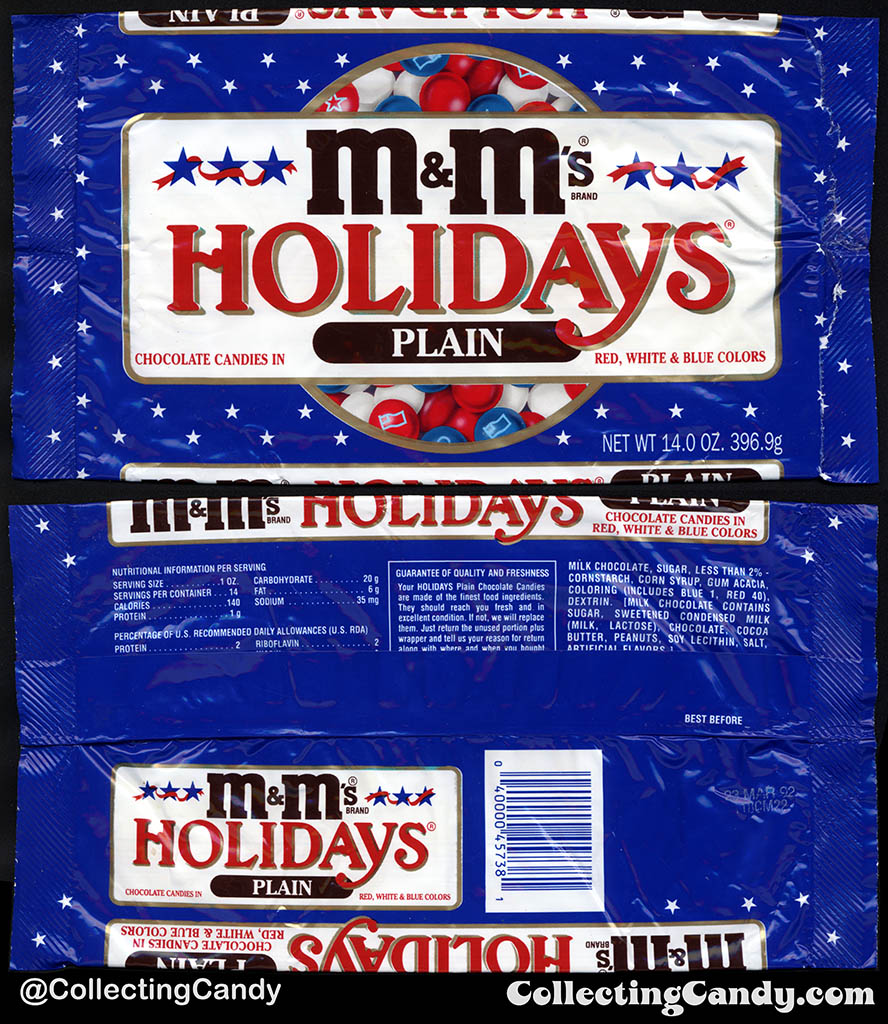 Mars - M&M's Holidays Plain - 4th of July Red White Blue - 14oz candy bag package - 1991