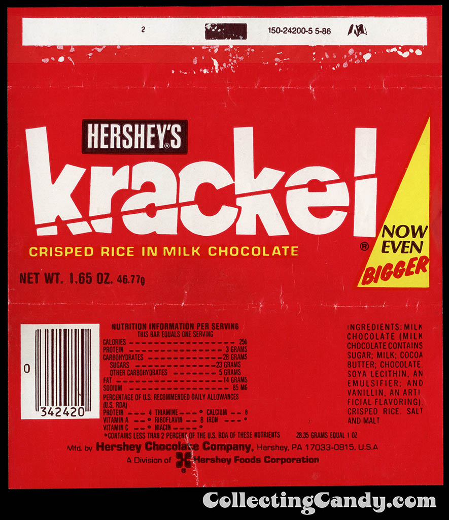Hershey's - Krackel - Now Larger - 1.65 oz chocolate candy bar wrapper - 1980's