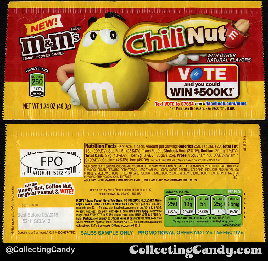 Mars - M&M's - Sales Sample - Chili Nut - Vote and Win - 1.74 oz sample candy package - 2015