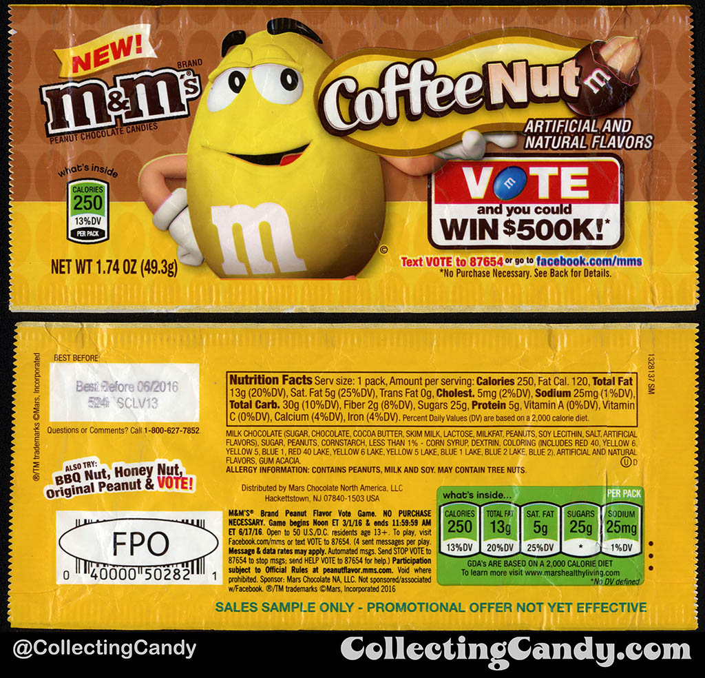 Mars - M&M's - Sales Sample - Coffee Nut - Vote and Win - 1.74 oz sample candy package - 2015