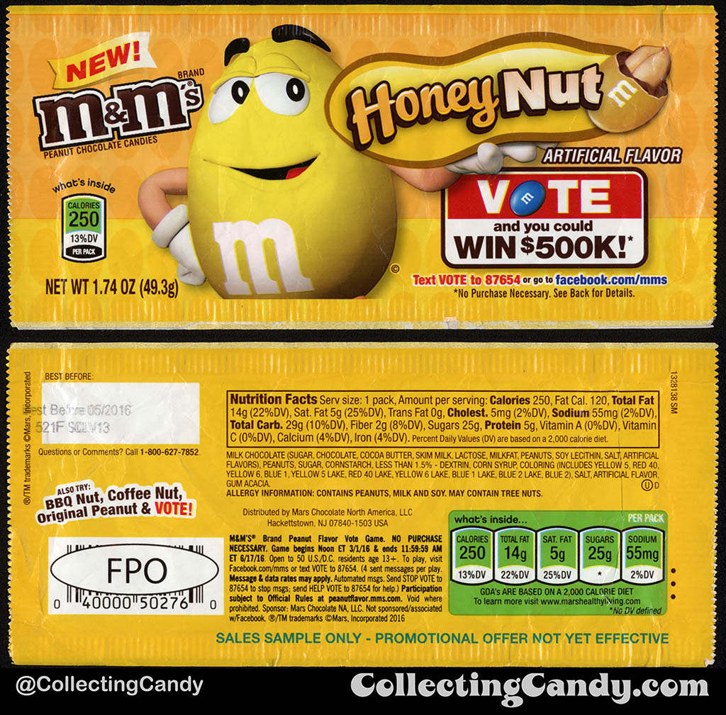 Mars - M&M's - Sales Sample - Honey Nut - Vote and Win - 1.74 oz sample candy package - 2015