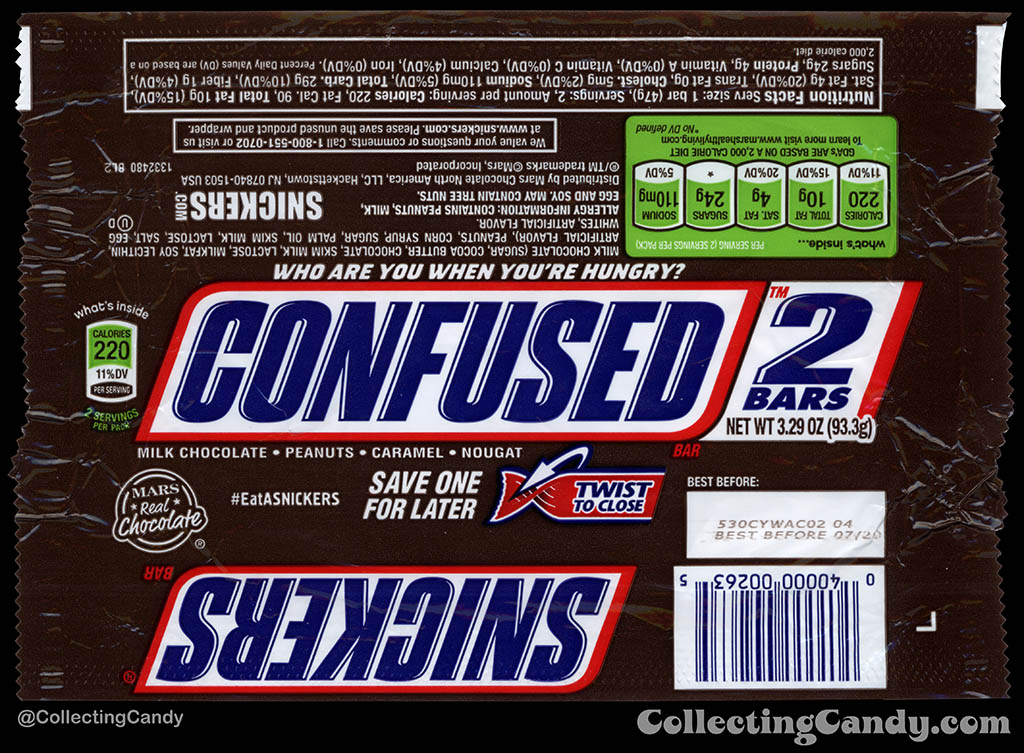 Mars - Snickers 2-Bars - EatASnickers trait bar - Confused - 3.29 oz chocolate candy bar wrapper - 2015