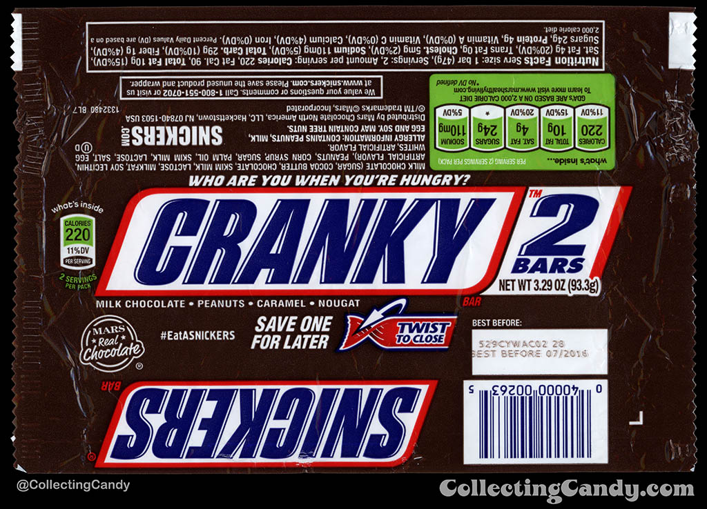 Mars - Snickers 2-Bars - EatASnickers trait bar - Cranky - 3.29 oz chocolate candy bar wrapper - 2015